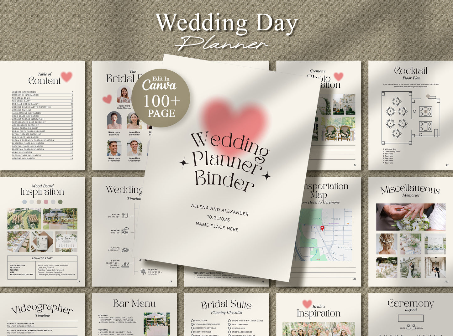 Minimalist Wedding Planner Template - Canva Itinerary, Checklist, Binder & Planning Book