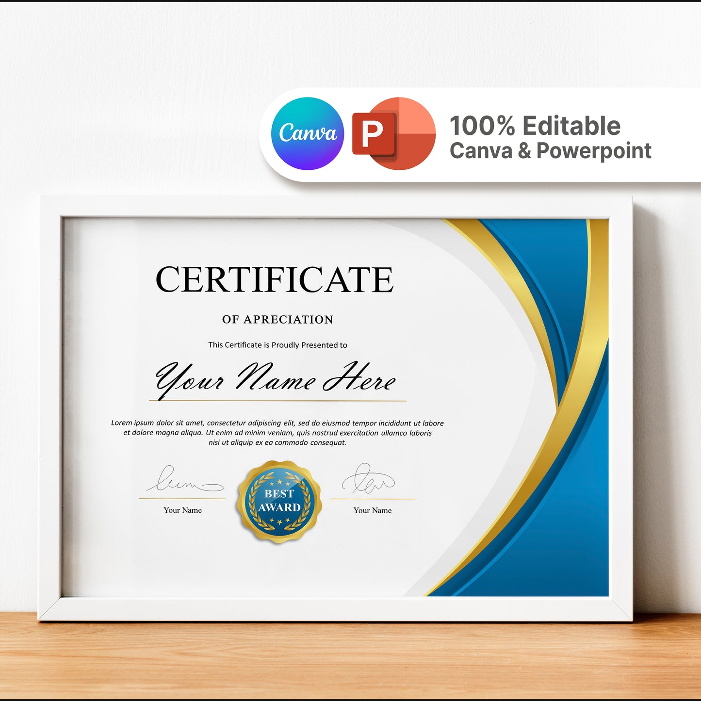 Luxury Blue and Gold Certificate Template - Editable Modern Canva Design for Achievement, Award, Completion & Training