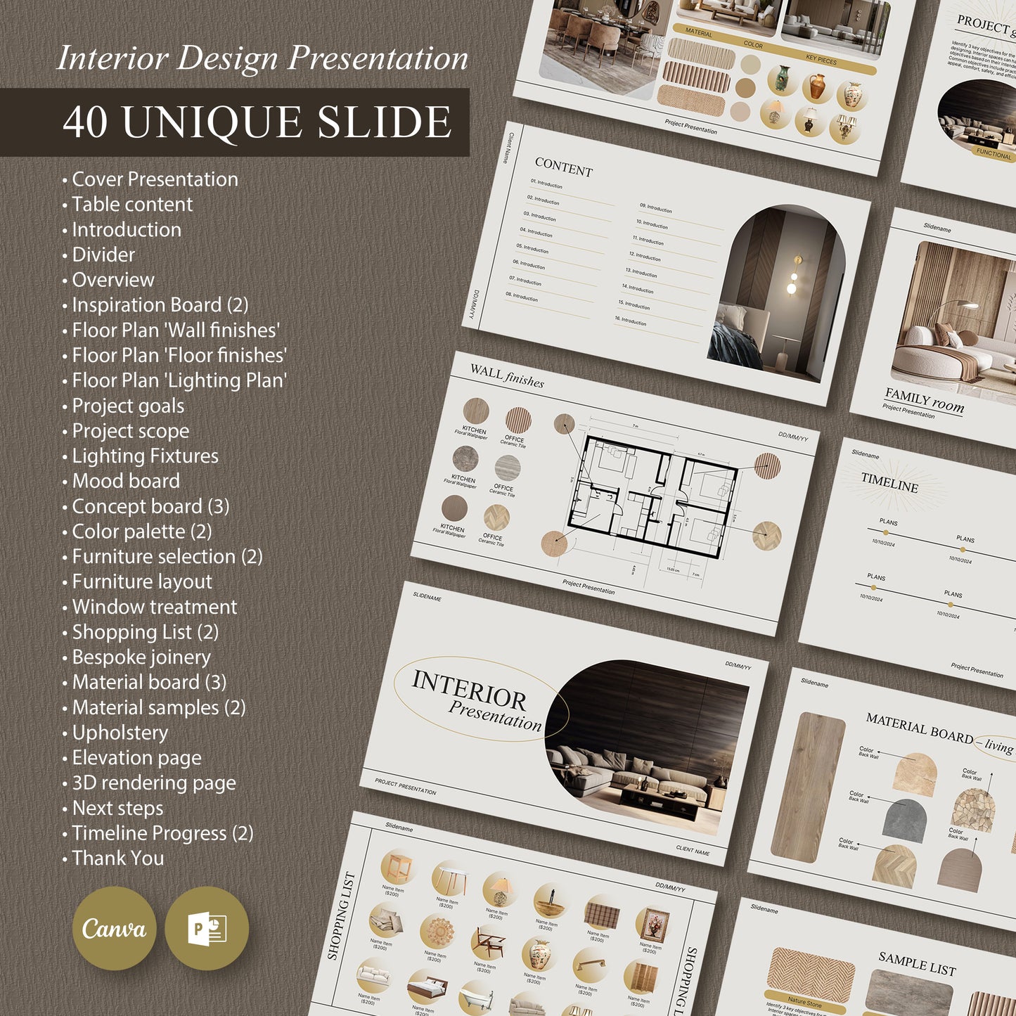Bundle Simple Interior Design Presentation Template โ Includes Project Proposal, FF&E Schedule, Editable in PowerPoint & Canva