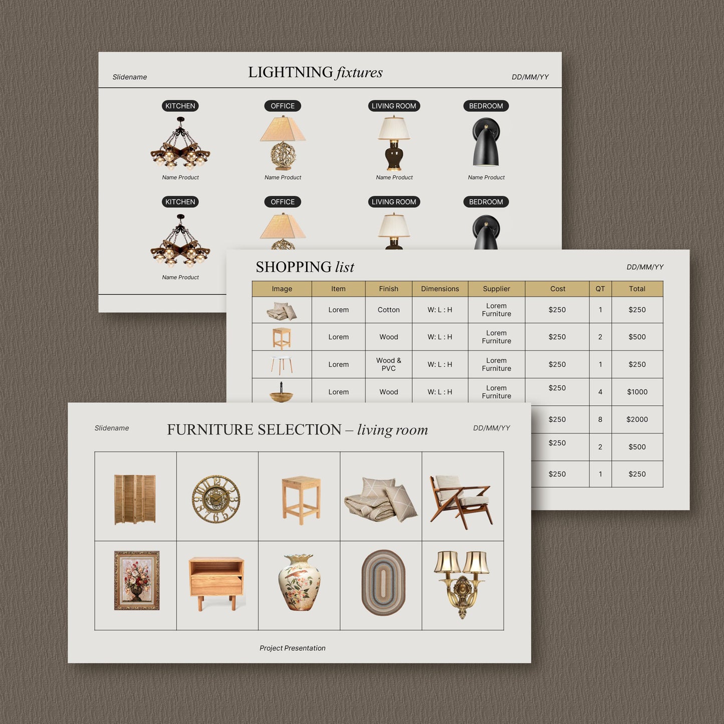 Bundle Simple Interior Design Presentation Template โ Includes Project Proposal, FF&E Schedule, Editable in PowerPoint & Canva