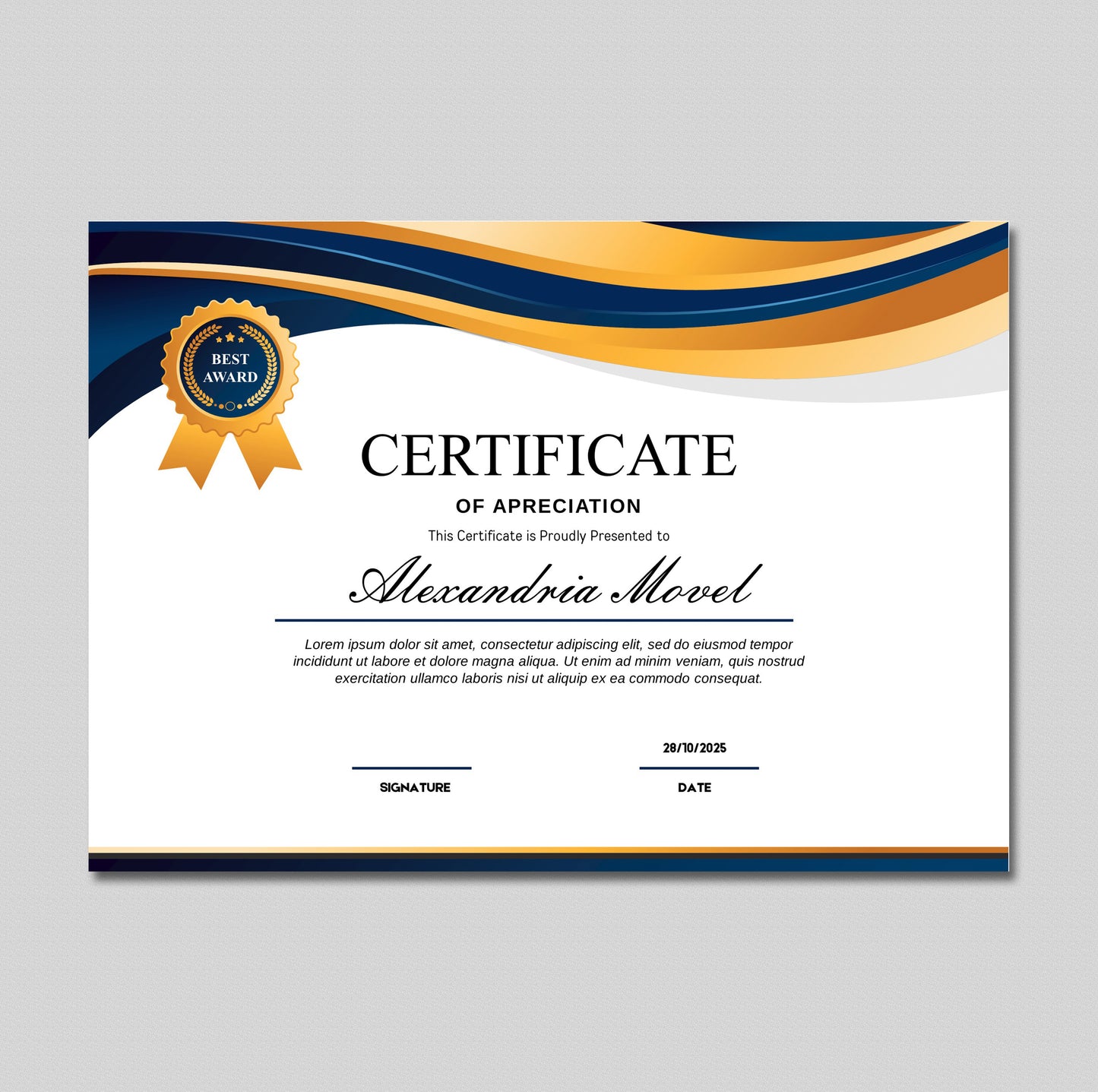 Luxury Blue and Gold Certificate Template - Editable Modern Canva Design for Achievement, Award, Completion & Training