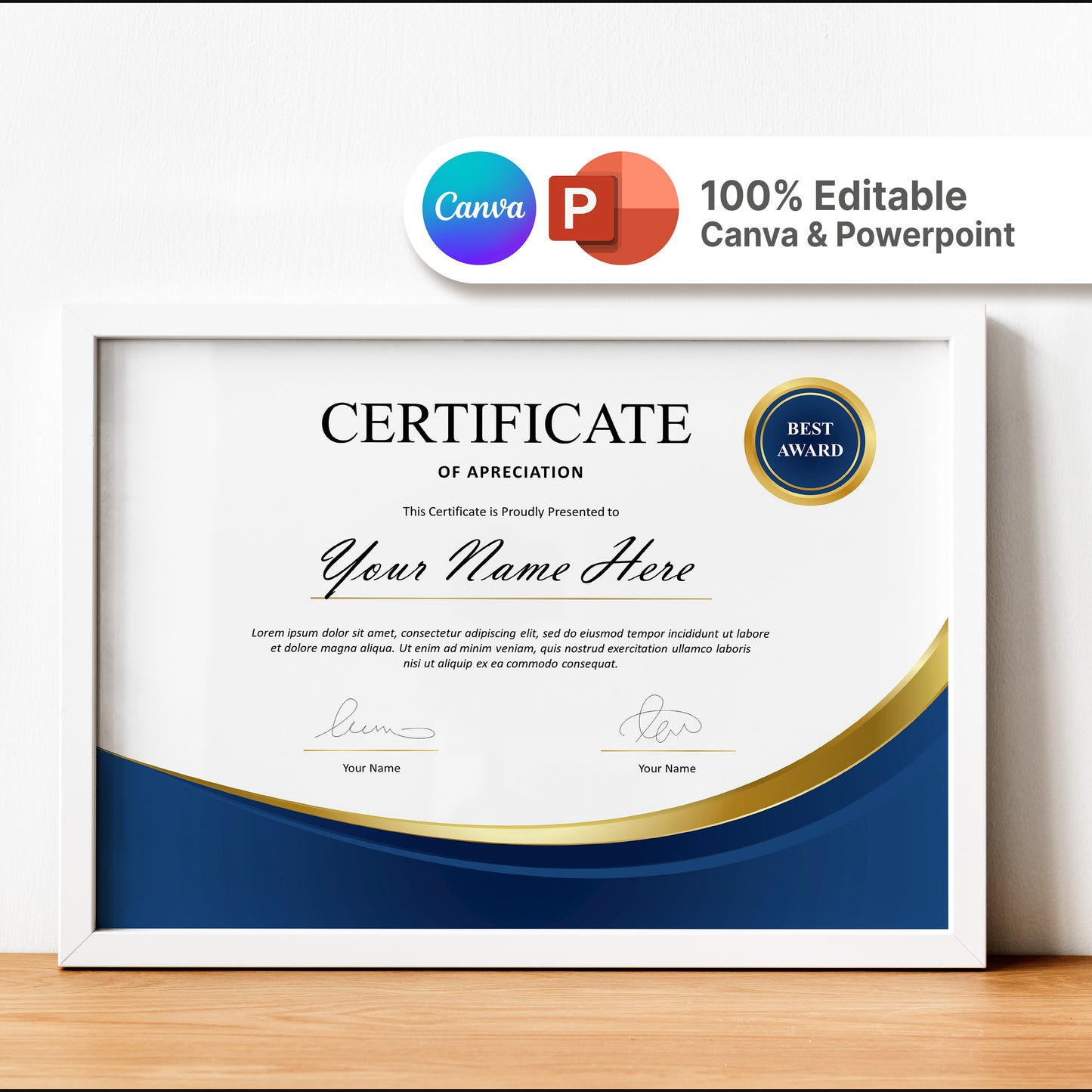 Luxury Blue and Gold Certificate Template - Editable Modern Canva Design for Achievement, Award, Completion & Training