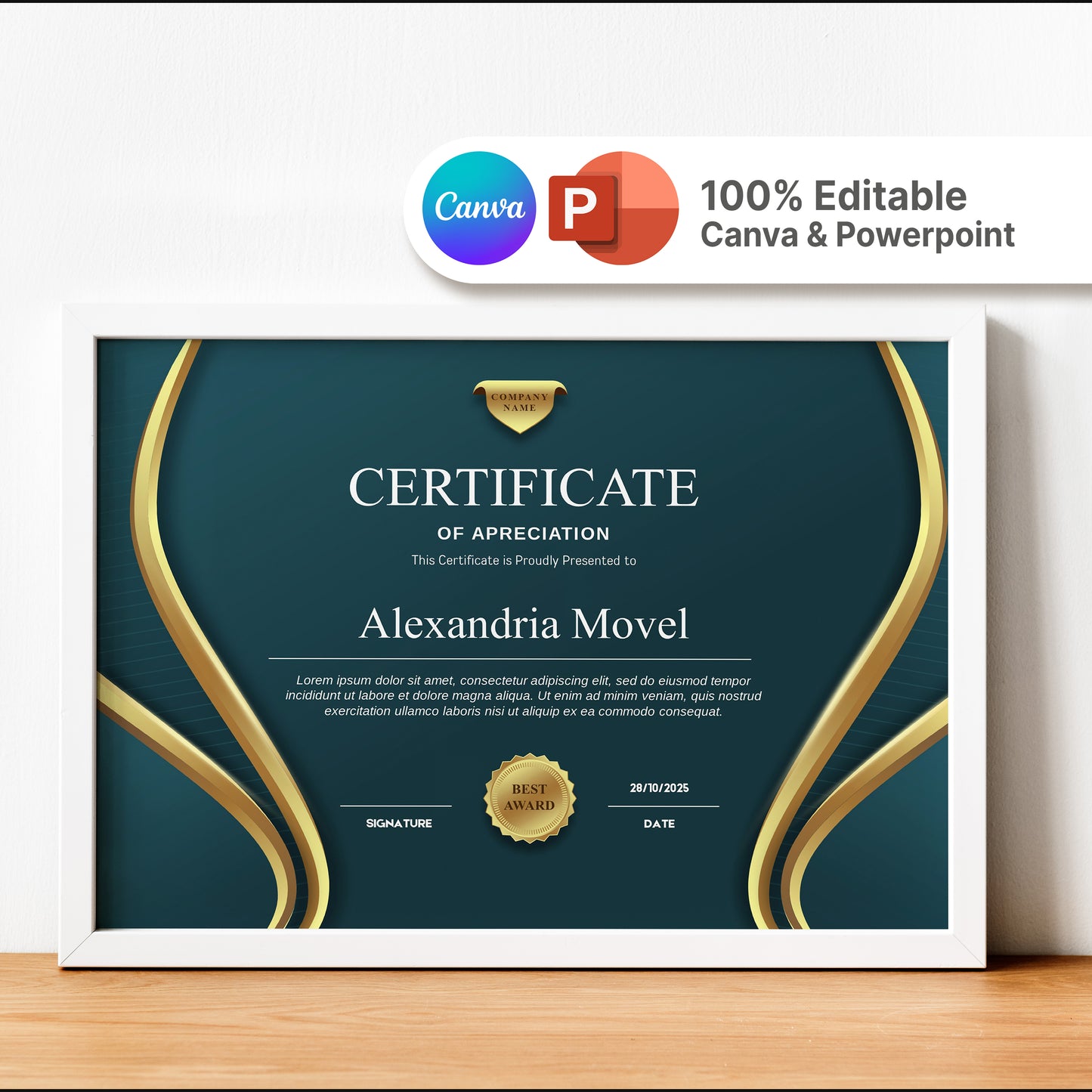 Luxury Dark Green and Gold Certificate Template – Editable Modern Canva Design for Achievement, Award, Completion & Training