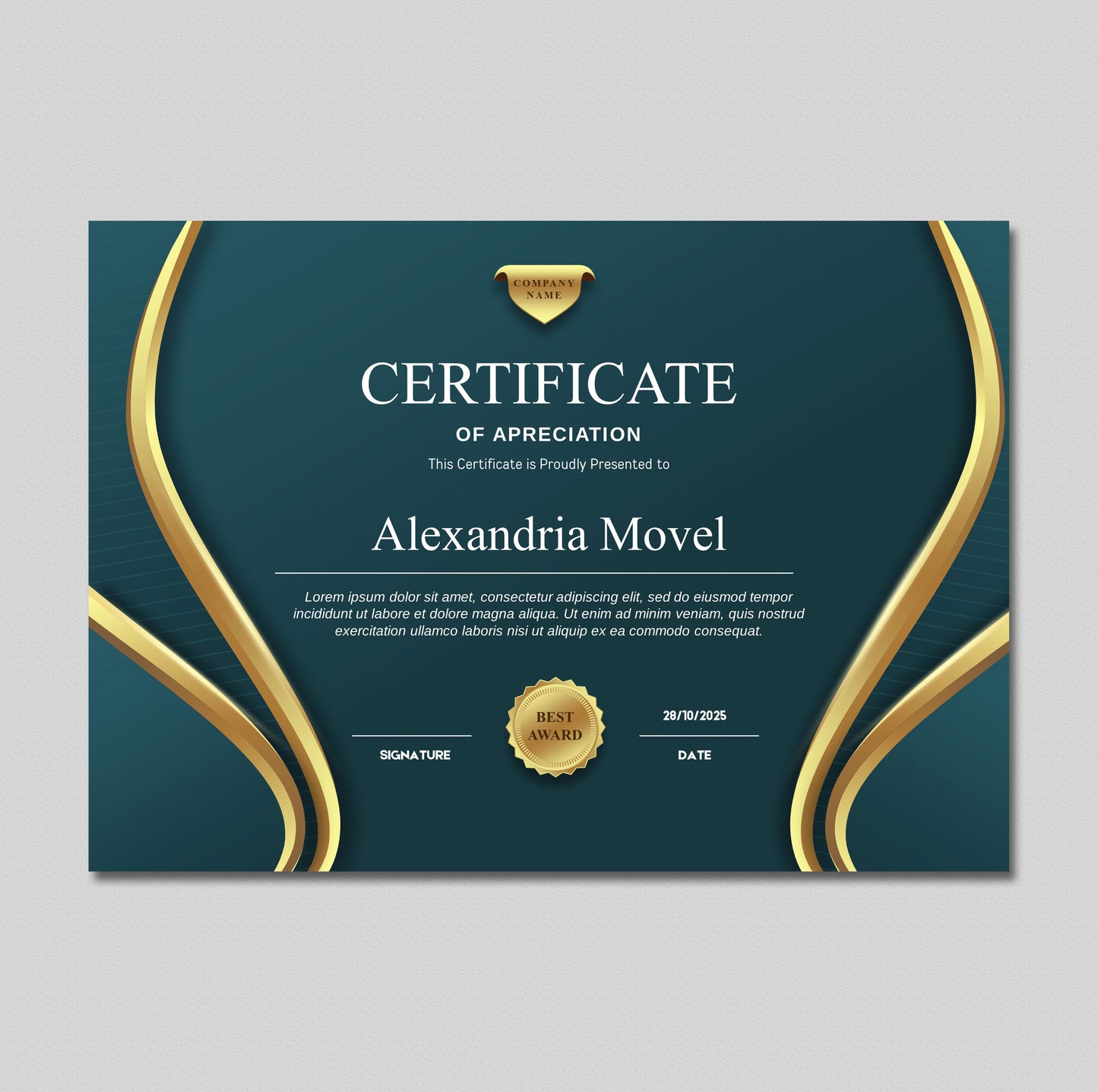 Luxury Dark Green and Gold Certificate Template – Editable Modern Canva Design for Achievement, Award, Completion & Training