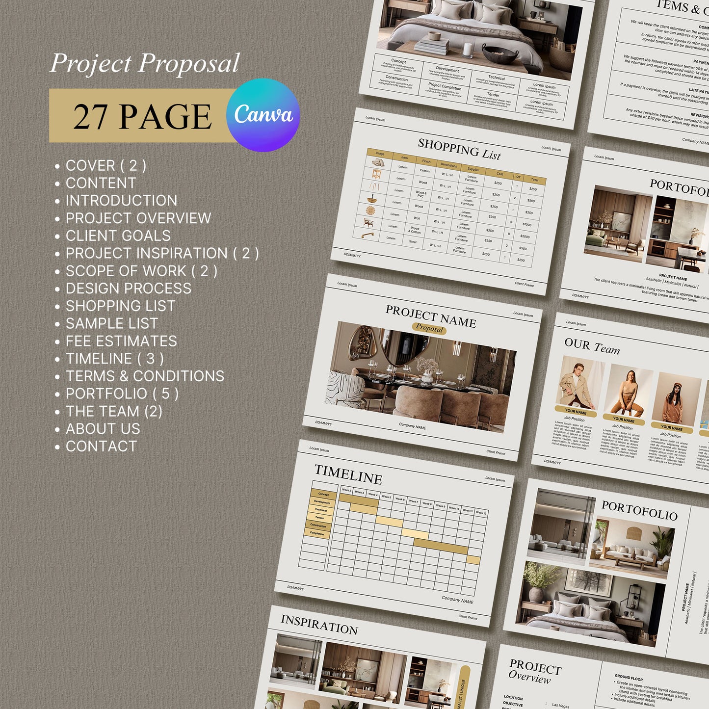 Bundle Simple Interior Design Presentation Template โ Includes Project Proposal, FF&E Schedule, Editable in PowerPoint & Canva