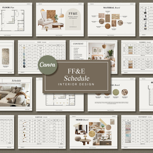 Interior Design FF&E Schedule Template – Furniture, Fixtures, and Finishes Planner with Mood Board