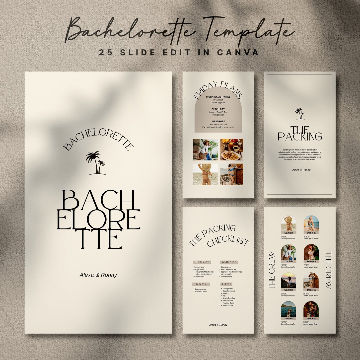 Elegant Bachelorette Itinerary Template for Canva - Minimal Modern Bridal Party & Bridesmaid Guide