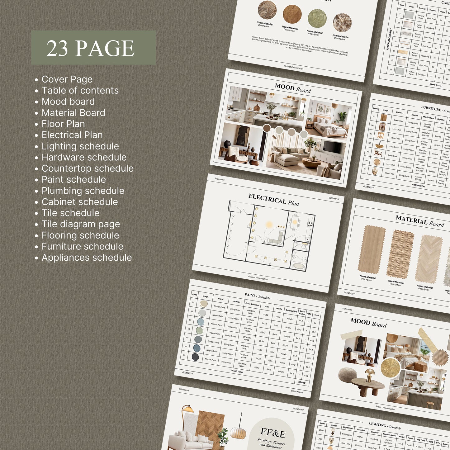 Interior Design FF&E Schedule Template – Furniture, Fixtures, and Finishes Planner with Mood Board