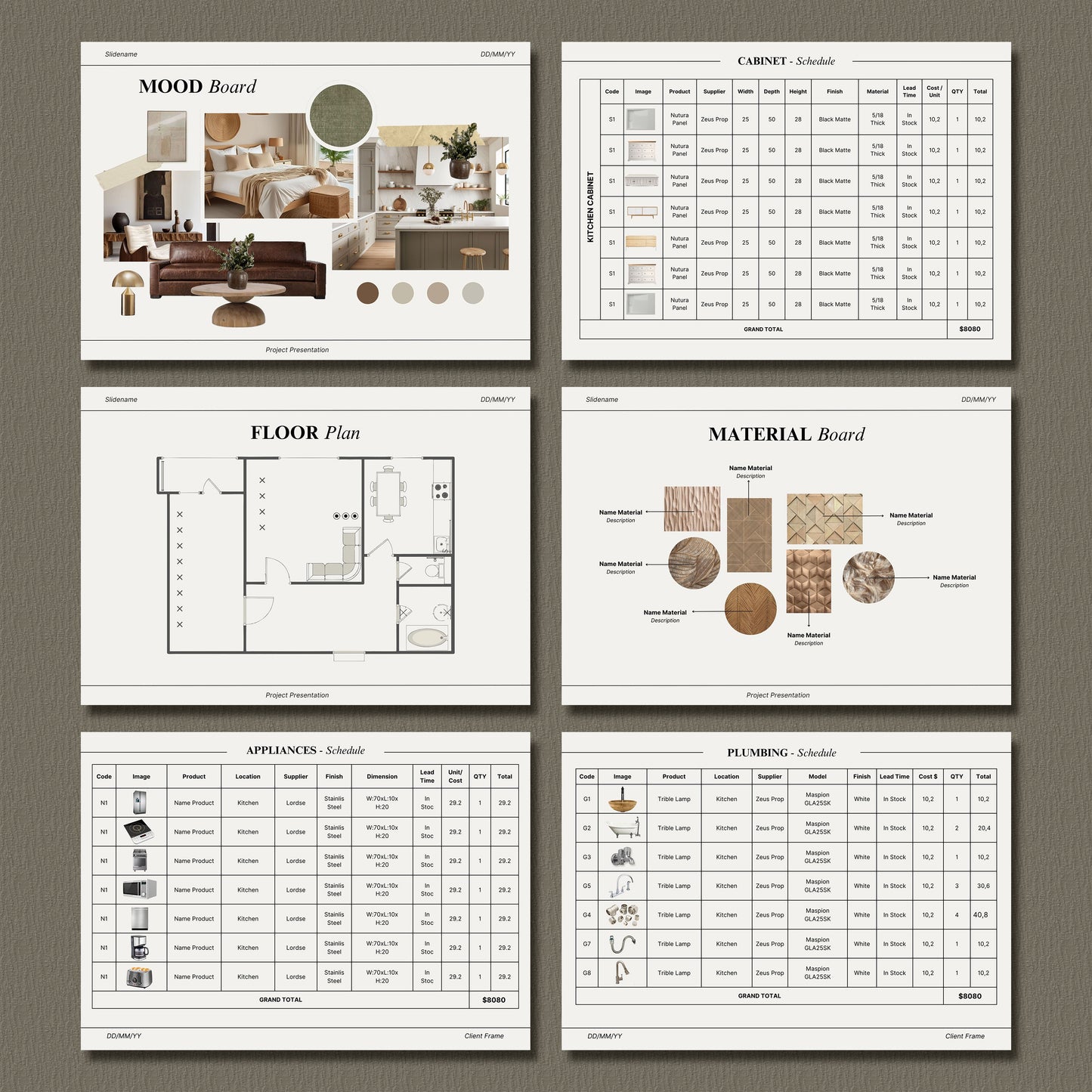 Interior Design FF&E Schedule Template – Furniture, Fixtures, and Finishes Planner with Mood Board