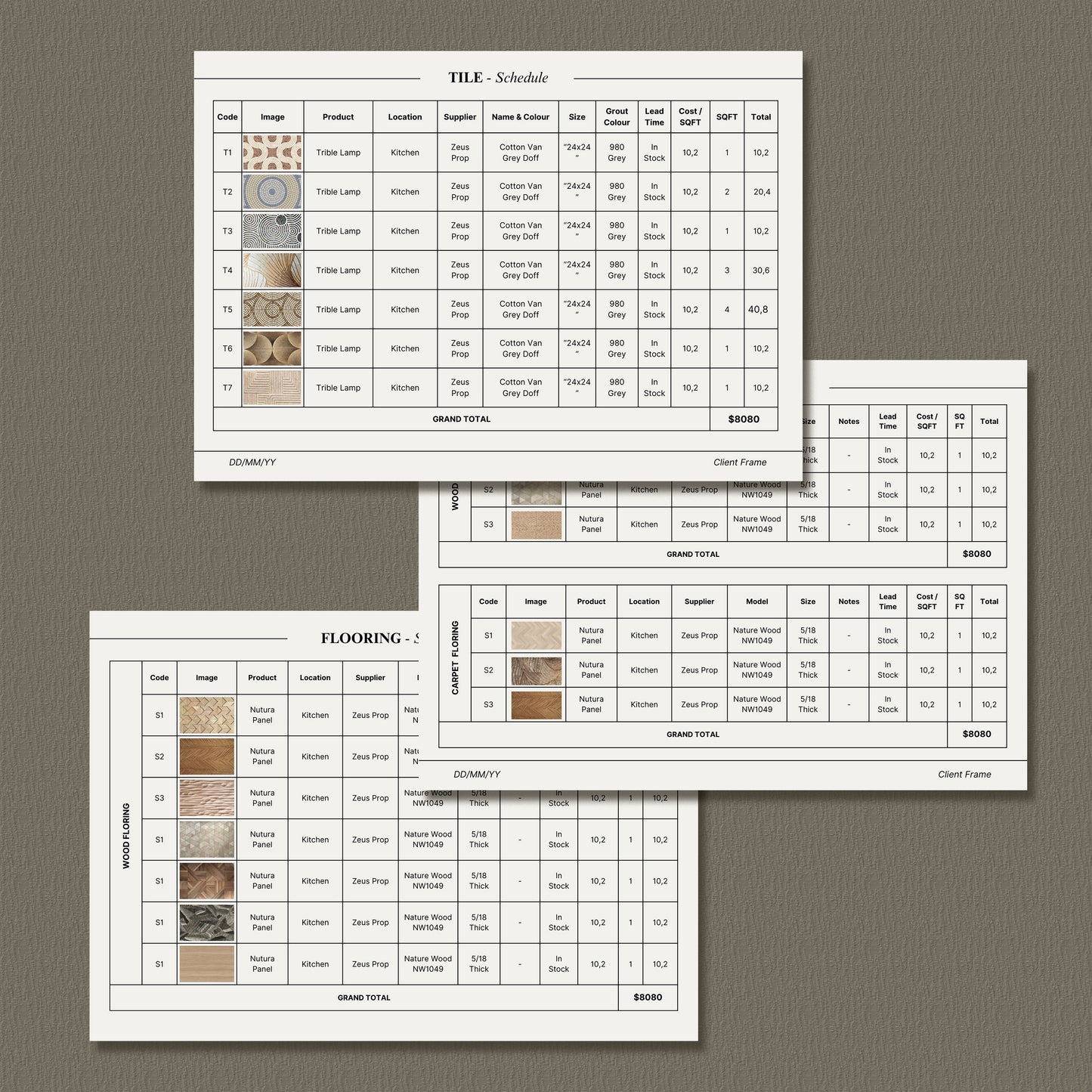 Interior Design FF&E Schedule Template – Furniture, Fixtures, and Finishes Planner with Mood Board