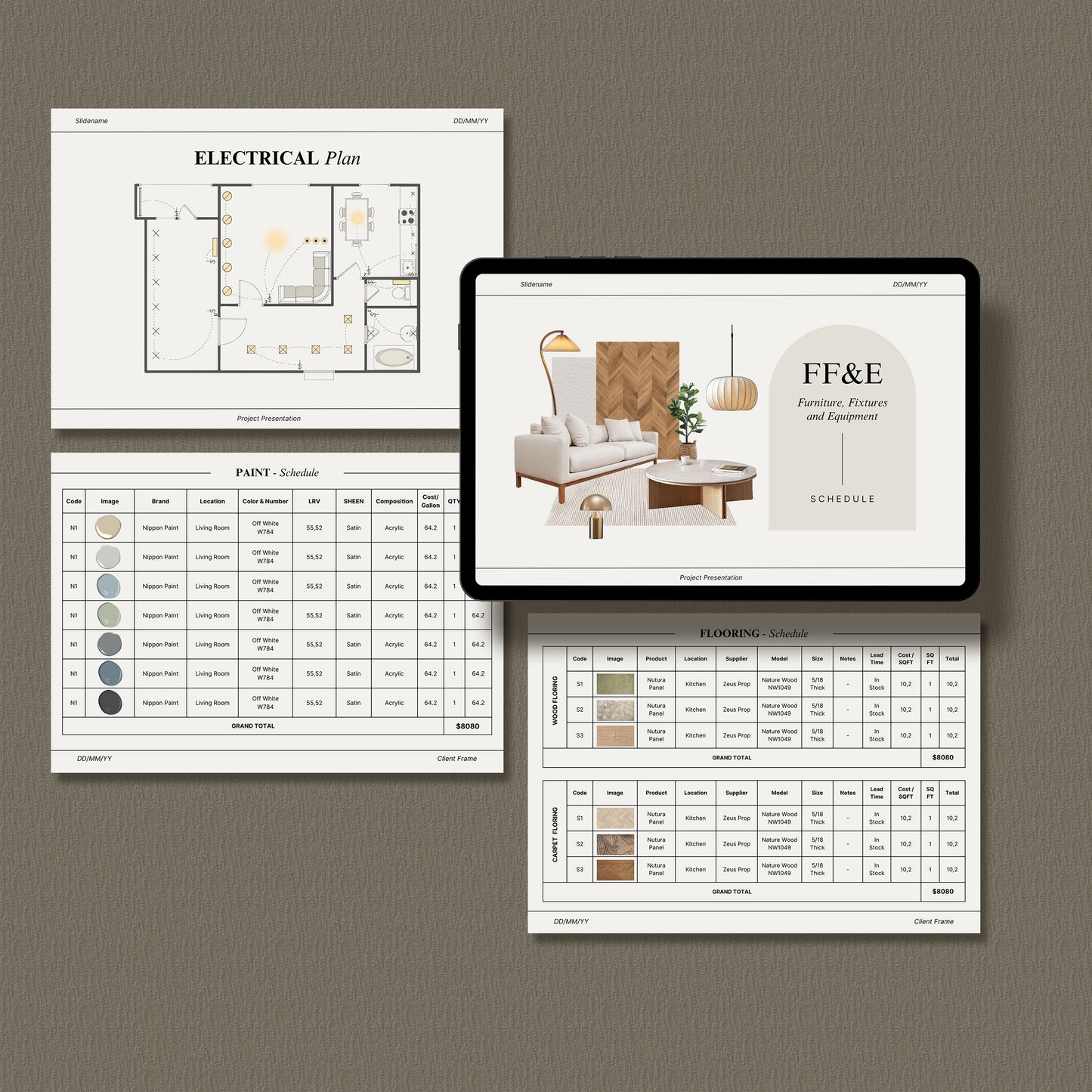 Interior Design FF&E Schedule Template – Furniture, Fixtures, and Finishes Planner with Mood Board