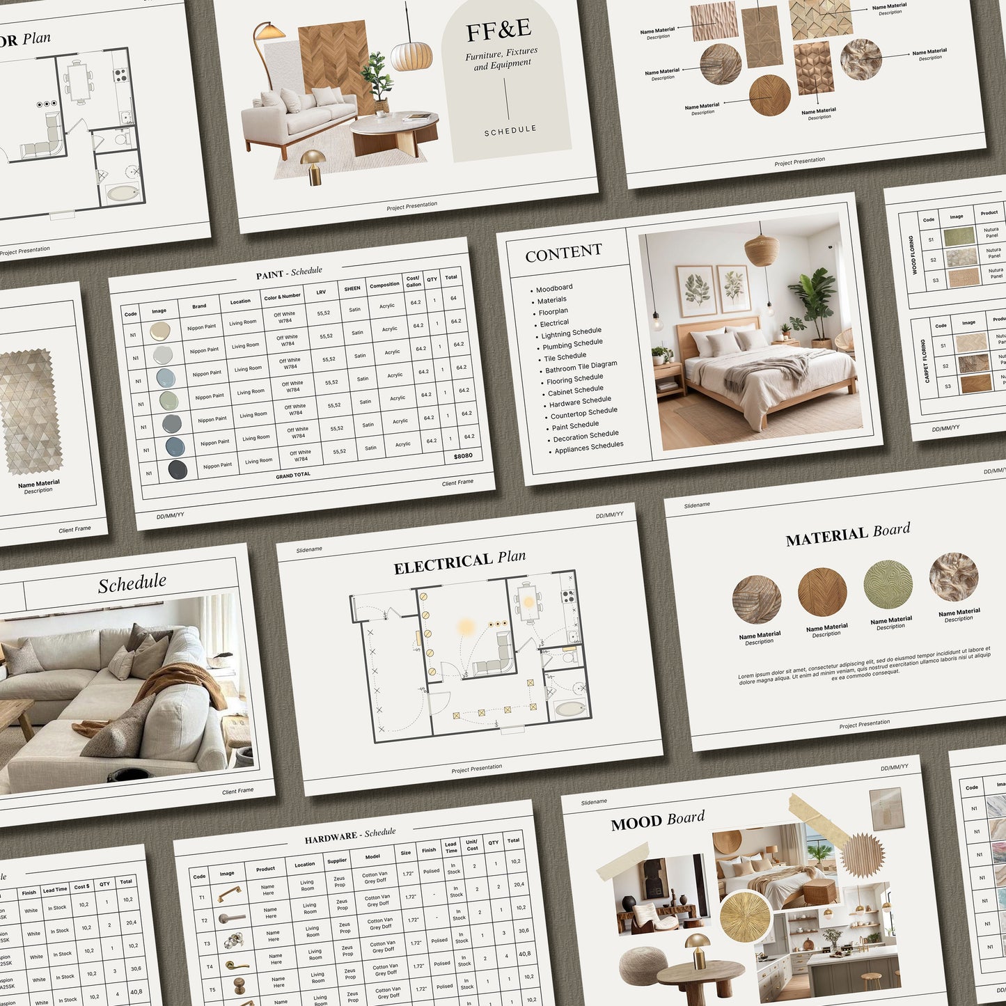 Interior Design FF&E Schedule Template – Furniture, Fixtures, and Finishes Planner with Mood Board