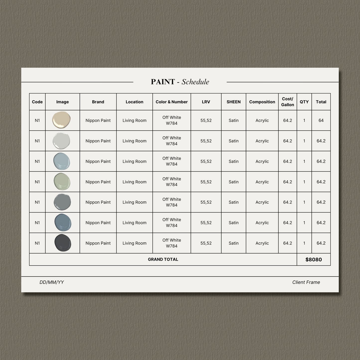 Interior Design FF&E Schedule Template – Furniture, Fixtures, and Finishes Planner with Mood Board