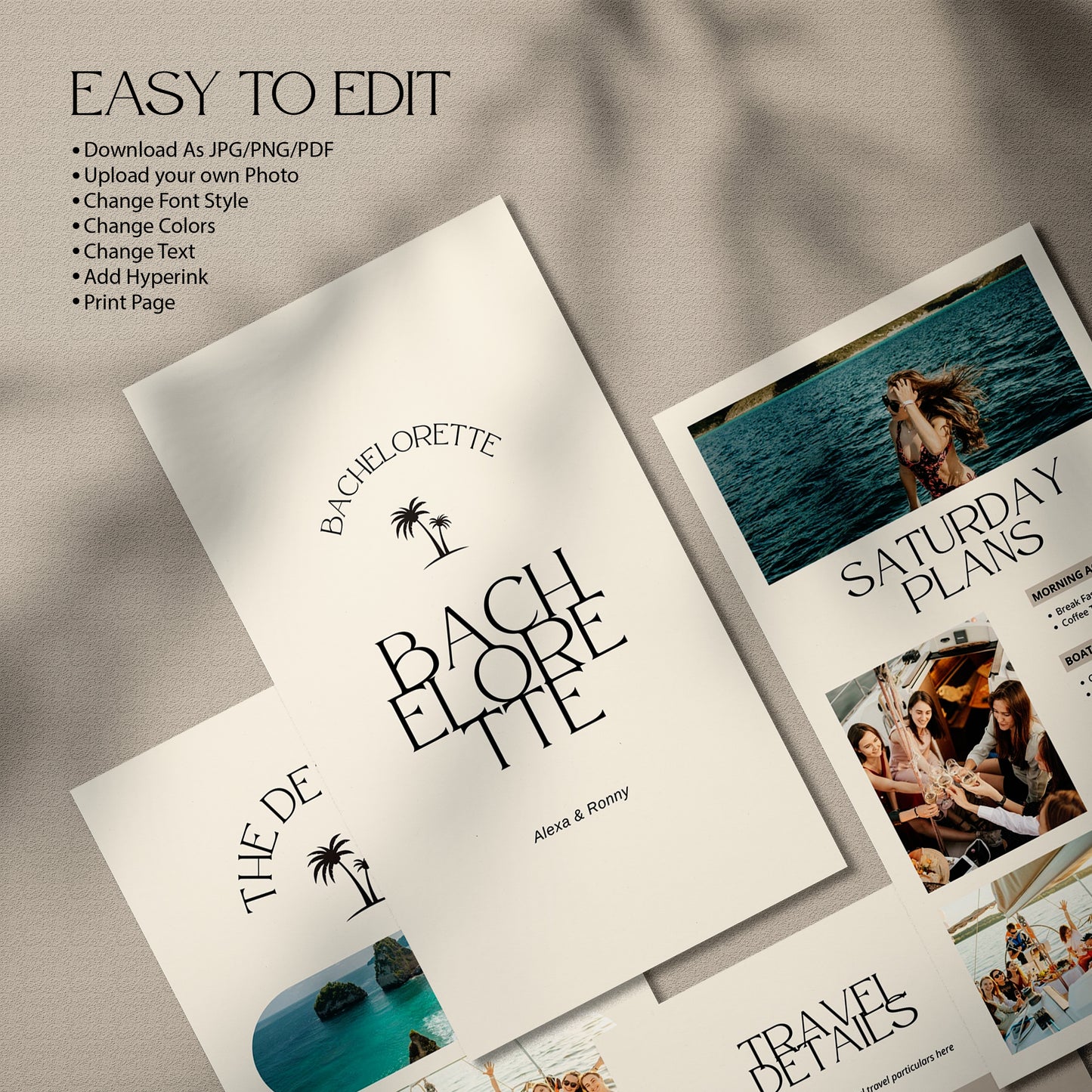 Elegant Bachelorette Itinerary Template for Canva - Minimal Modern Bridal Party & Bridesmaid Guide