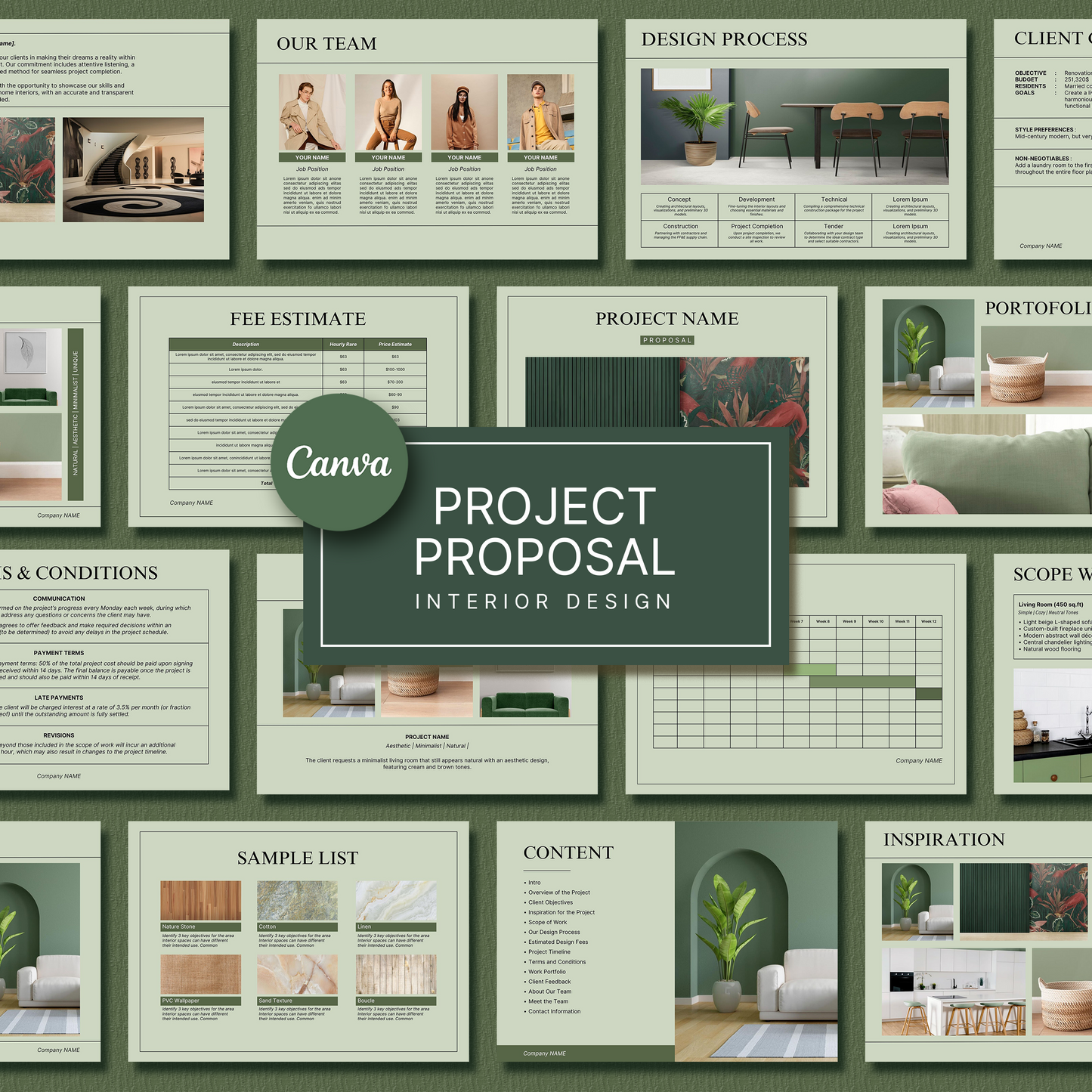 Sage Theme Interior Design Proposal Template for Canva - Editable Client Project Presentation