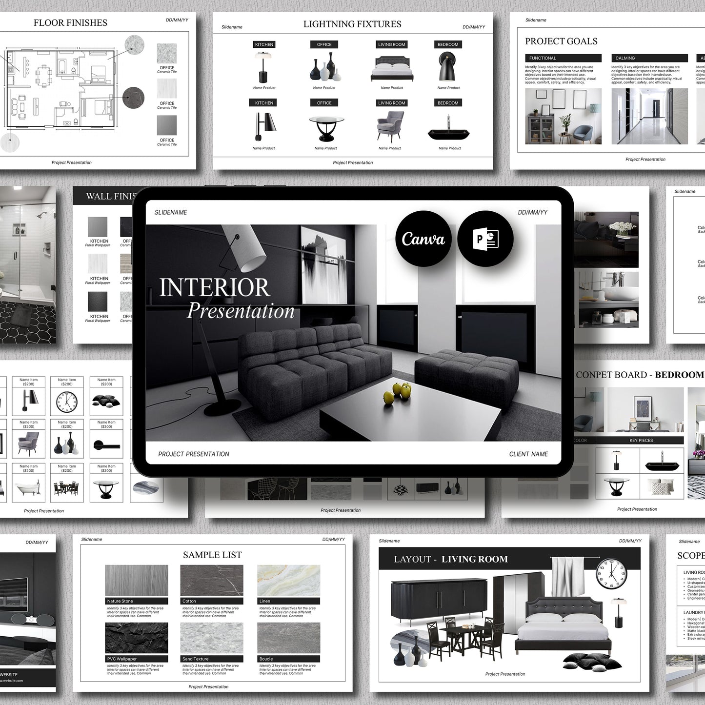 Bundle Clean Interior Design Presentation Template – Includes Project Proposal, FF&E Schedule, Editable in PowerPoint & Canva