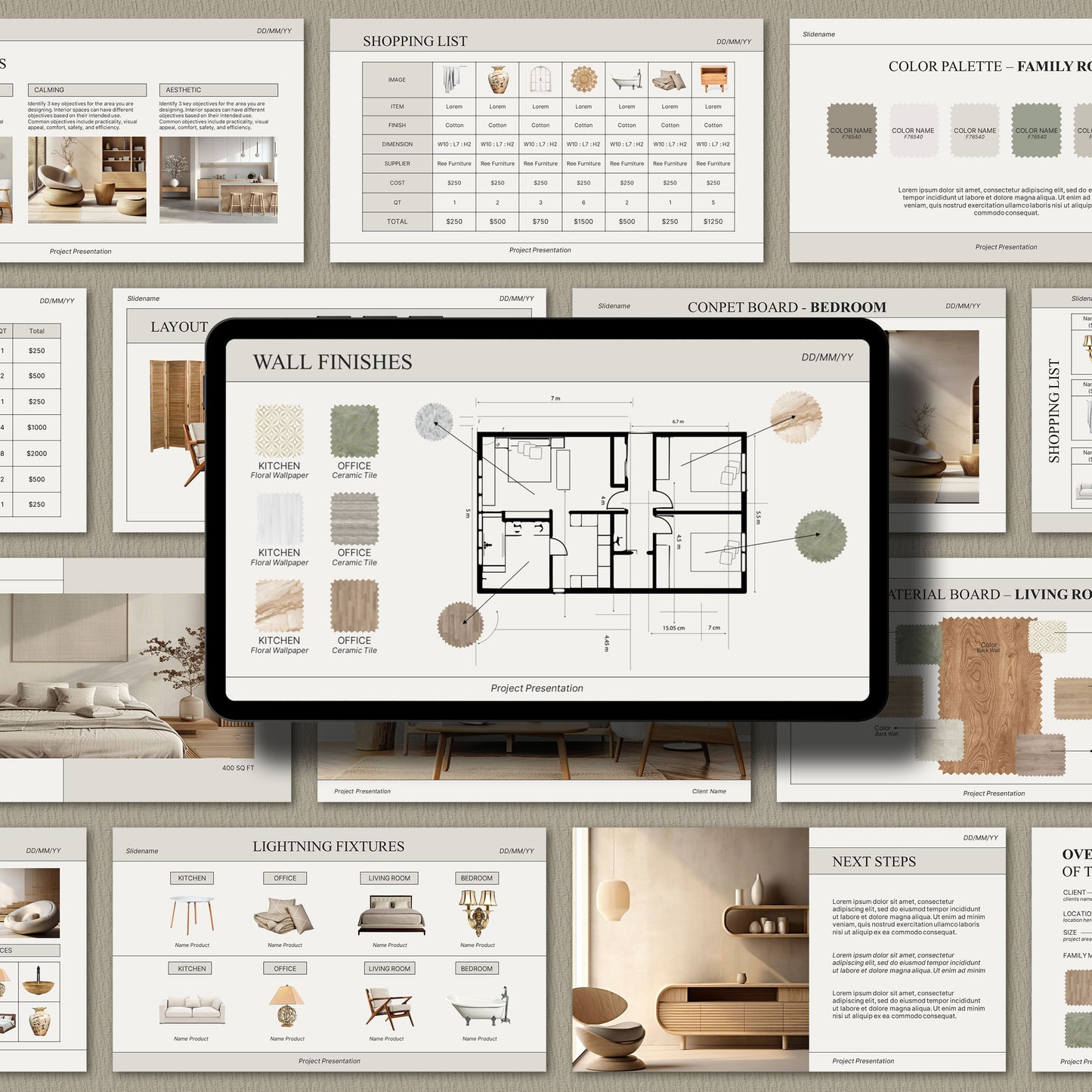 Minimal Editable Interior Design Presentation Template for Canva & PowerPoint - Client Project with Moodboard and Schedule