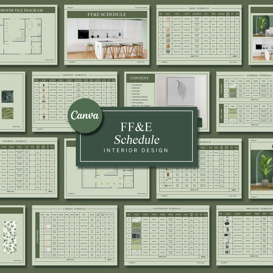 Interior Design FF&E Schedule Sage Template – Furniture, Fixtures, and Finishes Planner with Mood Board