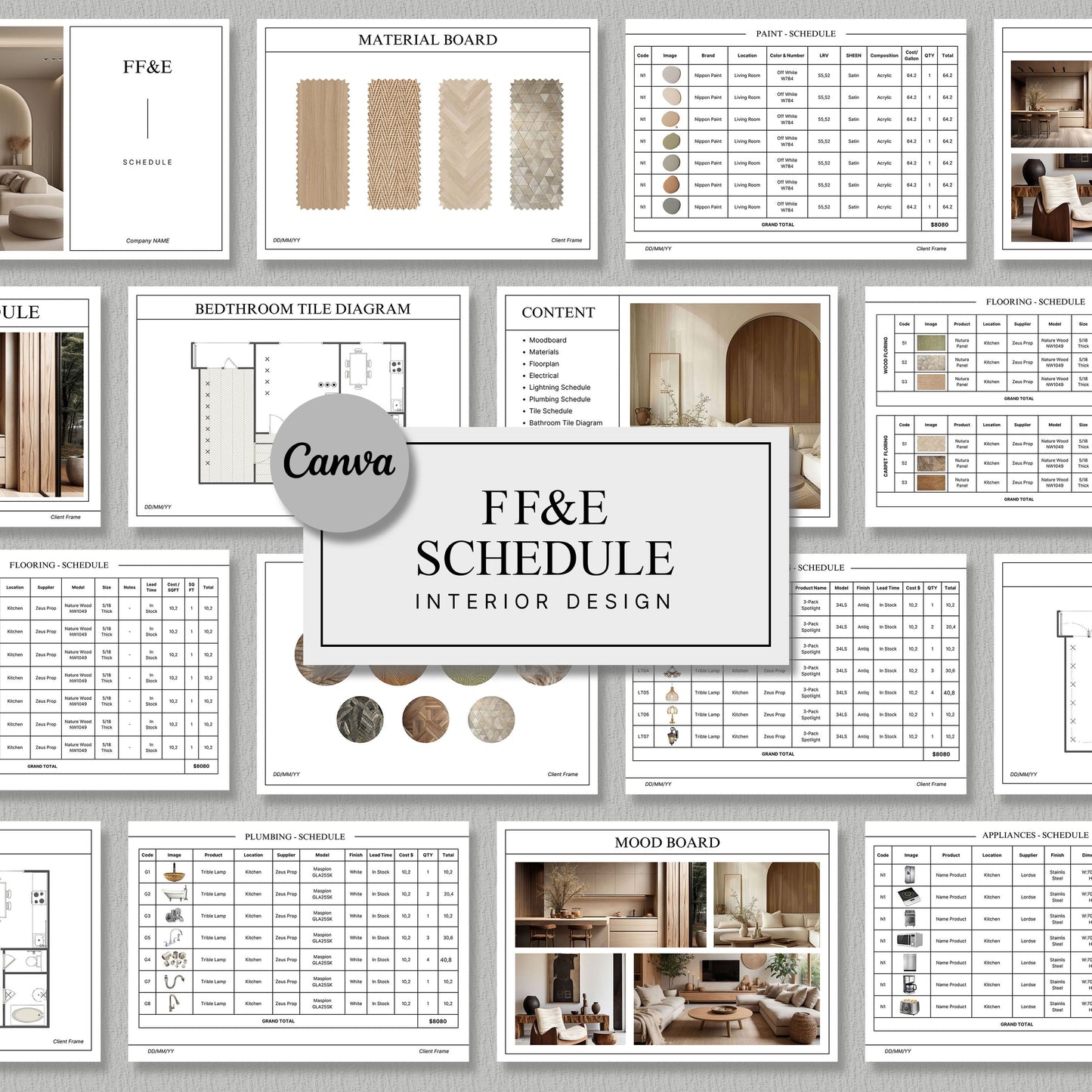 FF&E Schedule Project Template – Comprehensive Interior Design Planner for Furniture, Fixtures, and Finishes with Mood Board