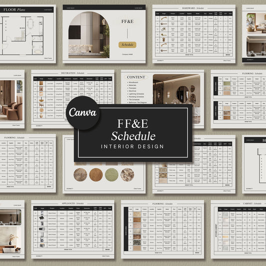 Interior Design FF&E Schedule Template – Furniture, Fixtures, and Finishes Planner with Mood Board