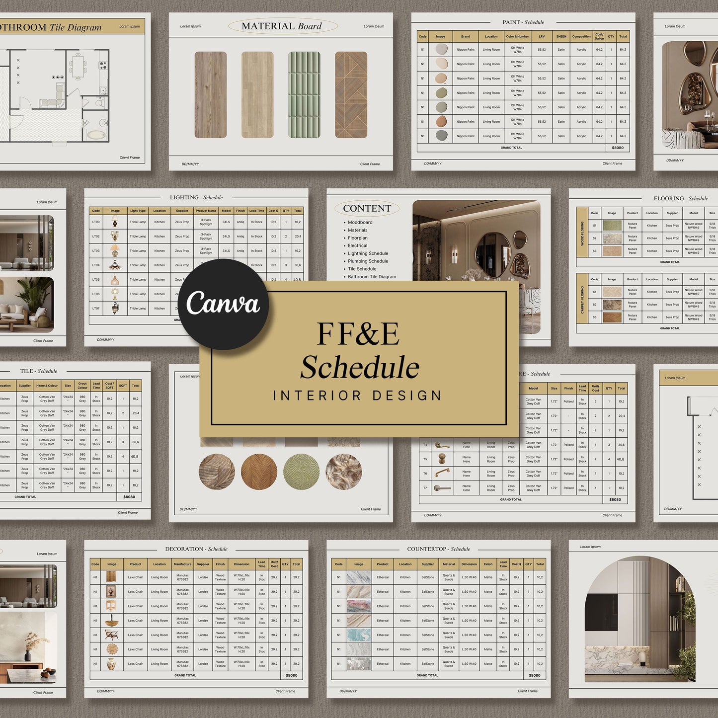 Comprehensive FF&E Schedule Template - Furniture, Fixtures, Finishes & Mood Board for Interior Design Projects