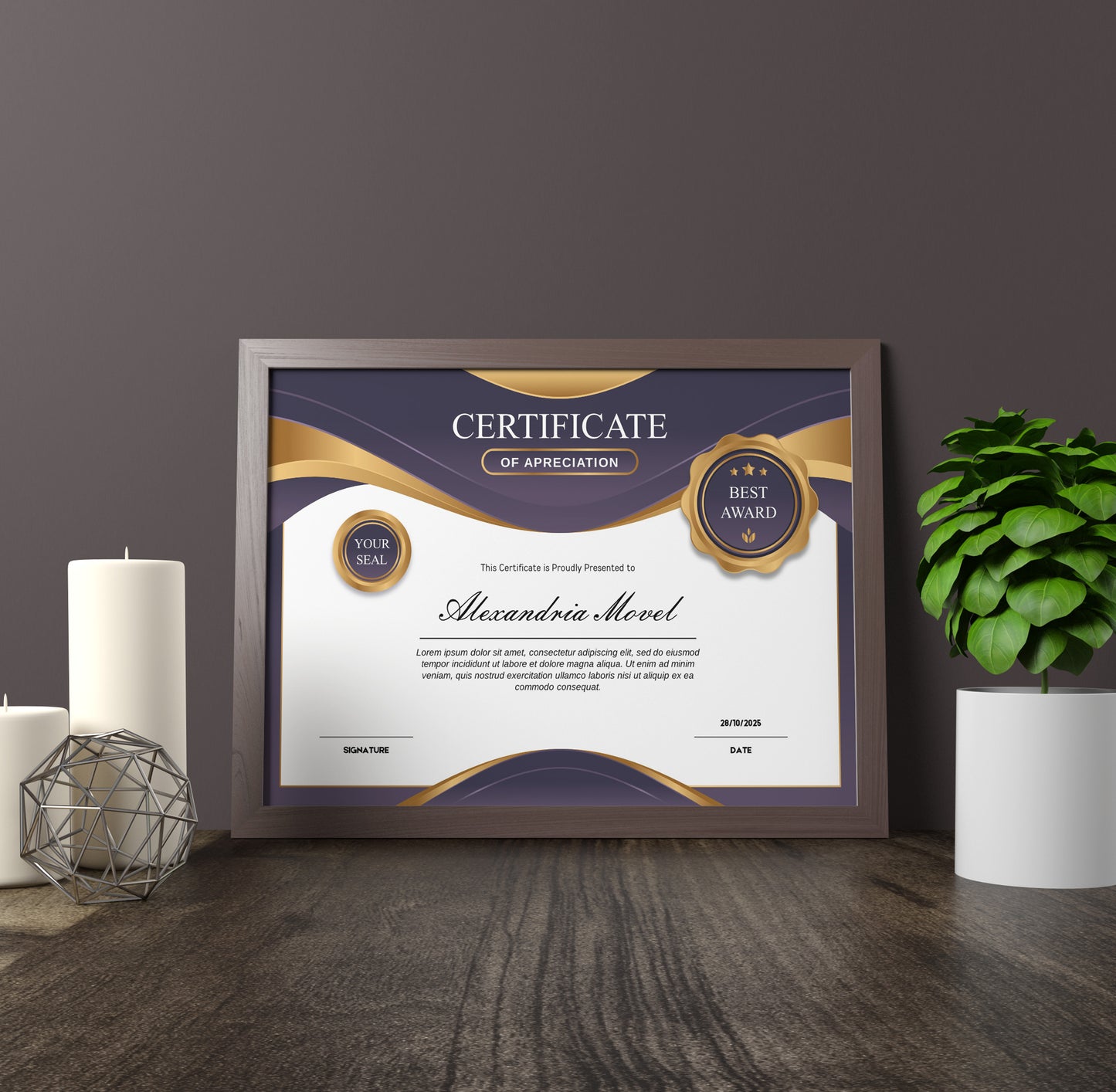 Luxury Purple and Gold Certificate Template – Editable Modern Canva Design for Achievement, Award, Completion & Training