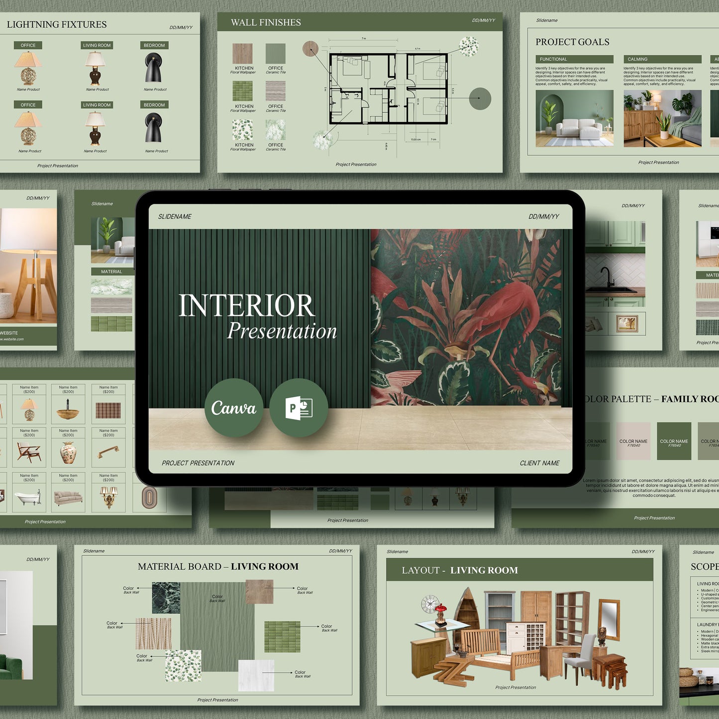 Bundle Sage Interior Design Presentation Template – Includes Project Proposal, FF&E Schedule, Editable in PowerPoint & Canva