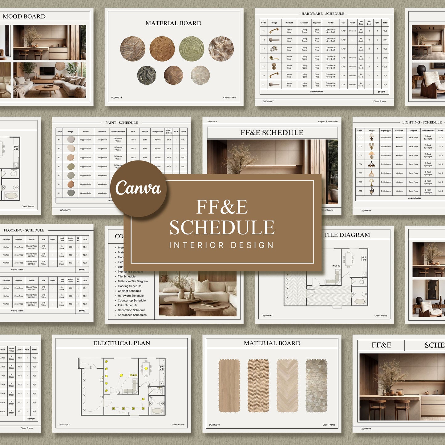 Clean Comprehensive Interior Design FF&E Schedule Template - Furniture, Fixtures, Finishes & Mood Board for Design Projects