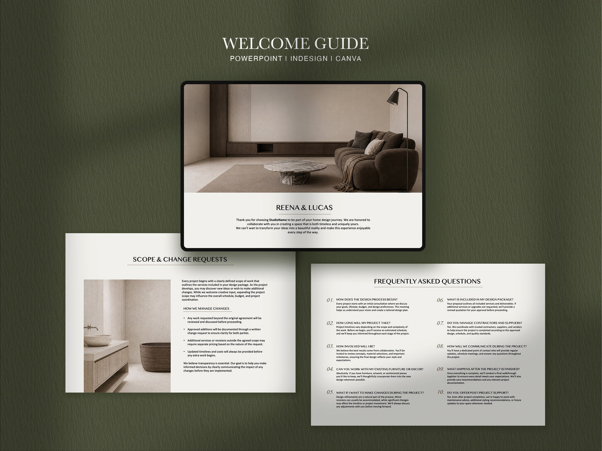 Interior Design Welcome Guide Template | Client Welcome Guide & Presentation | Canva, PowerPoint & InDesign