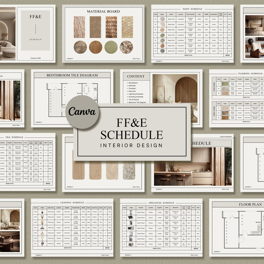 Minimal Interior Design FF&E Schedule Template – Comprehensive Furniture, Fixtures, and Finishes Planner with Mood Board