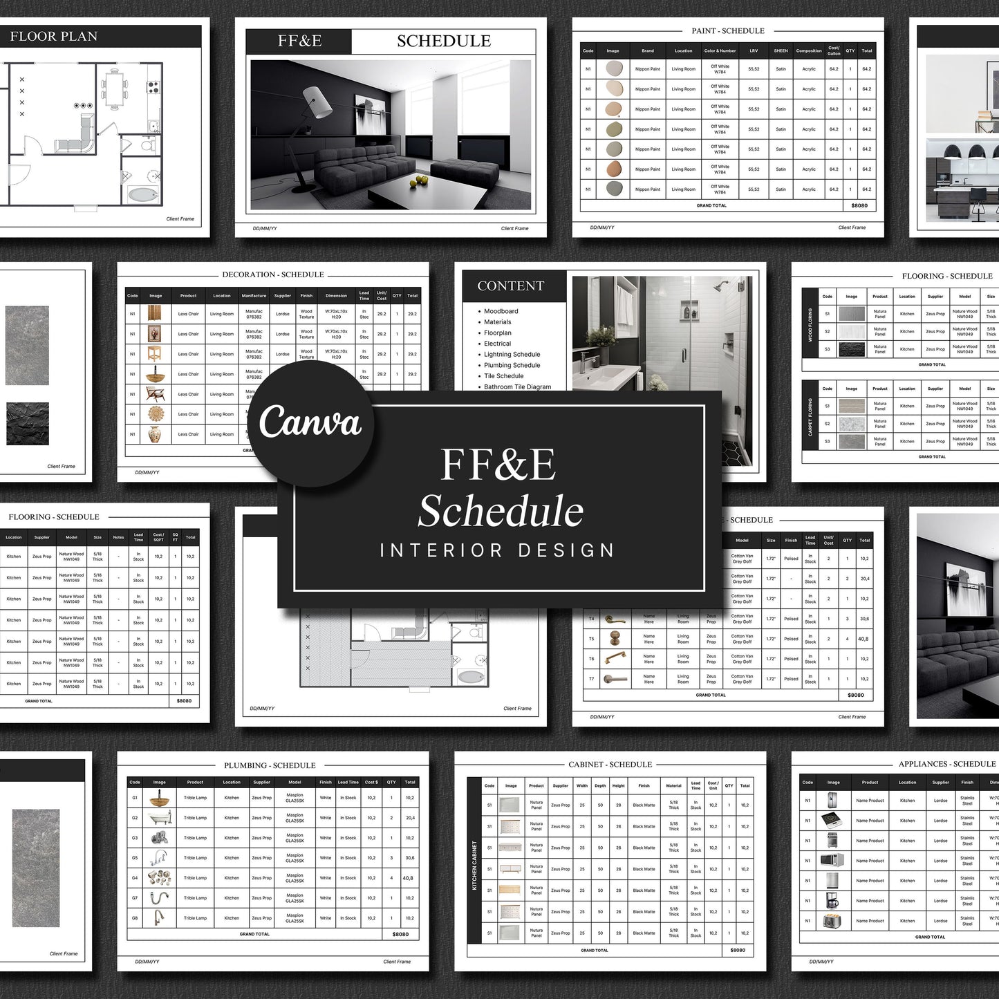 FF&E Schedule Template – Furniture, Fixtures, and Finishes Planner with Mood Board for Interior Design Projects