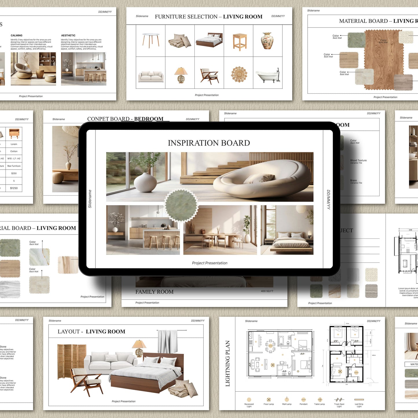 White Interior Design Presentation Template for Client Projects – Includes Moodboard, Schedule, and FF&E – Editable in Canva & PowerPoint