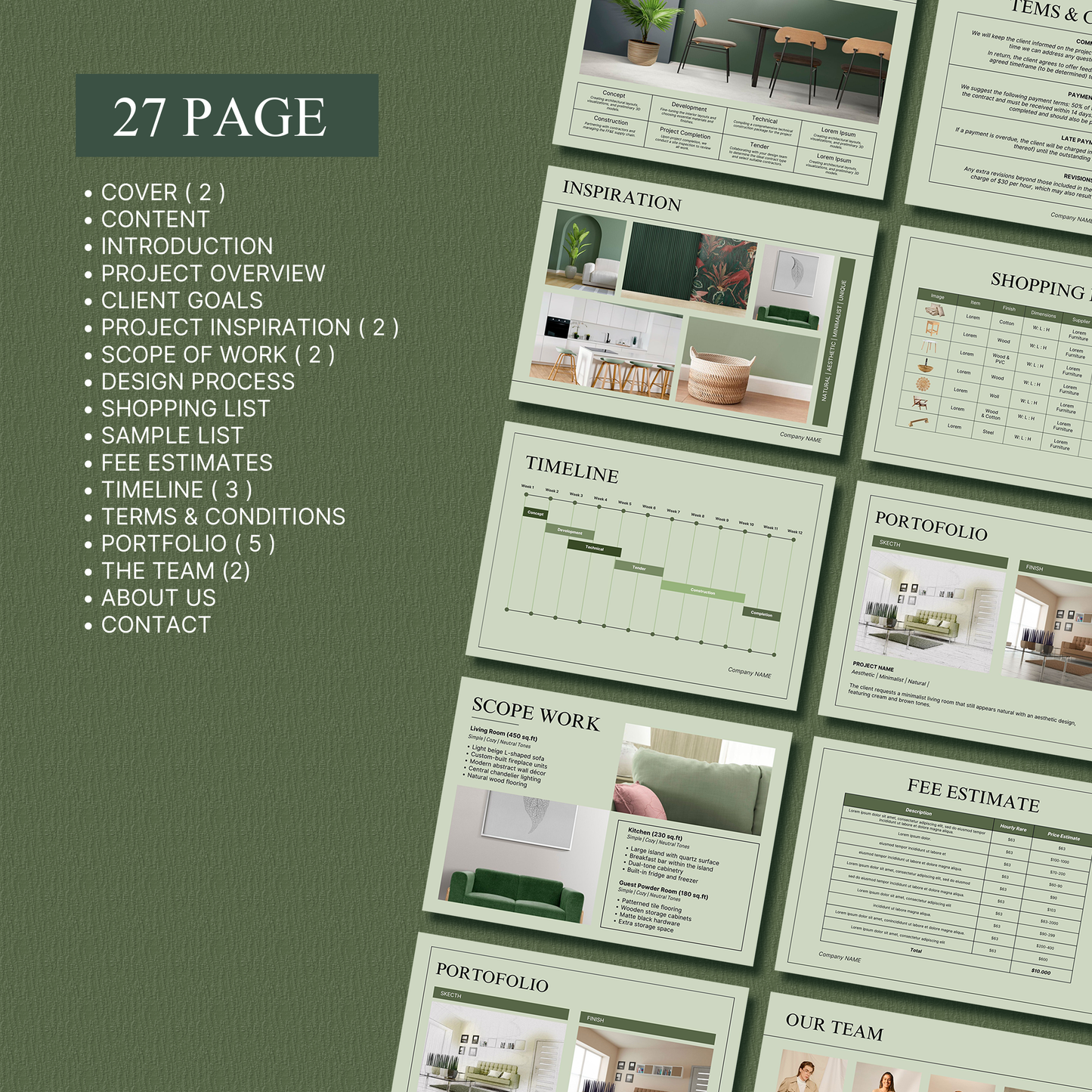 Sage Theme Interior Design Proposal Template for Canva - Editable Client Project Presentation