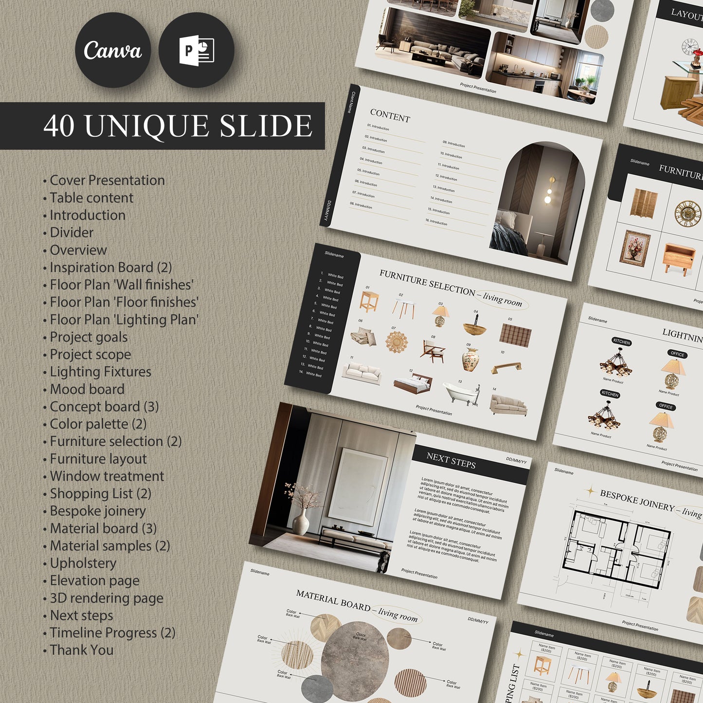 Simple Editable Interior Design Presentation Template for Canva & PowerPoint - Client Project with Moodboard, Schedule, and FF&E