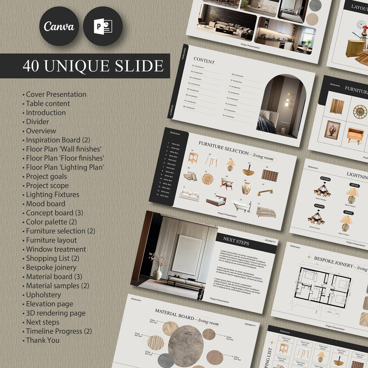 Simple Editable Interior Design Presentation Template for Canva & Powe ...