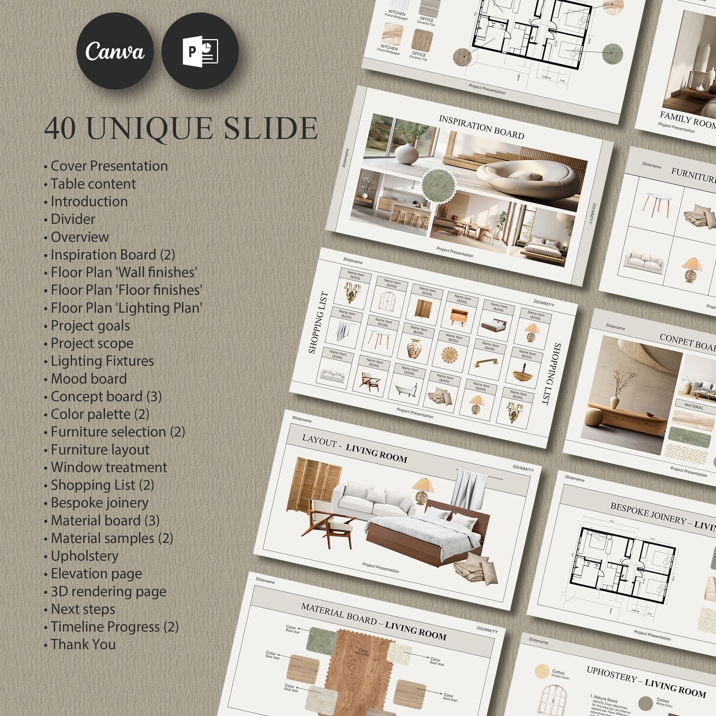 Minimal Editable Interior Design Presentation Template for Canva & PowerPoint - Client Project with Moodboard and Schedule