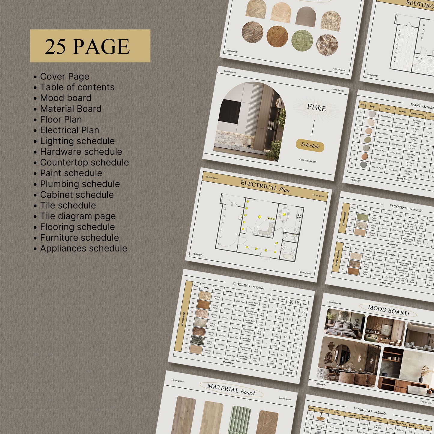 Comprehensive FF&E Schedule Template - Furniture, Fixtures, Finishes & Mood Board for Interior Design Projects