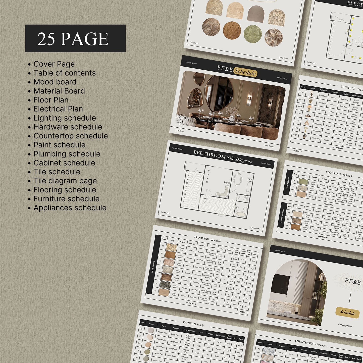 Interior Design FF&E Schedule Template – Furniture, Fixtures, and Finishes Planner with Mood Board