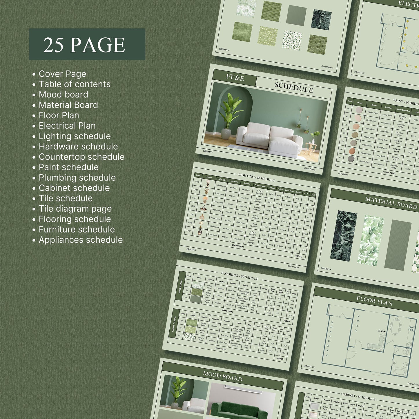 Interior Design FF&E Schedule Sage Template – Furniture, Fixtures, and Finishes Planner with Mood Board