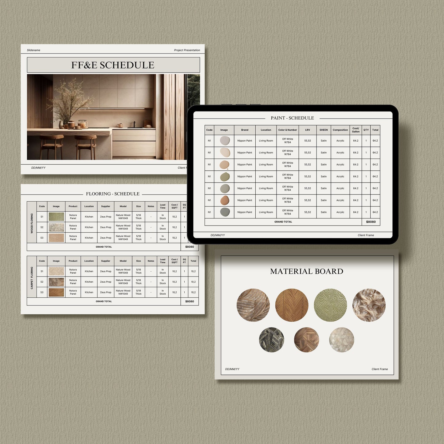 Minimal Interior Design FF&E Schedule Template – Comprehensive Furniture, Fixtures, and Finishes Planner with Mood Board