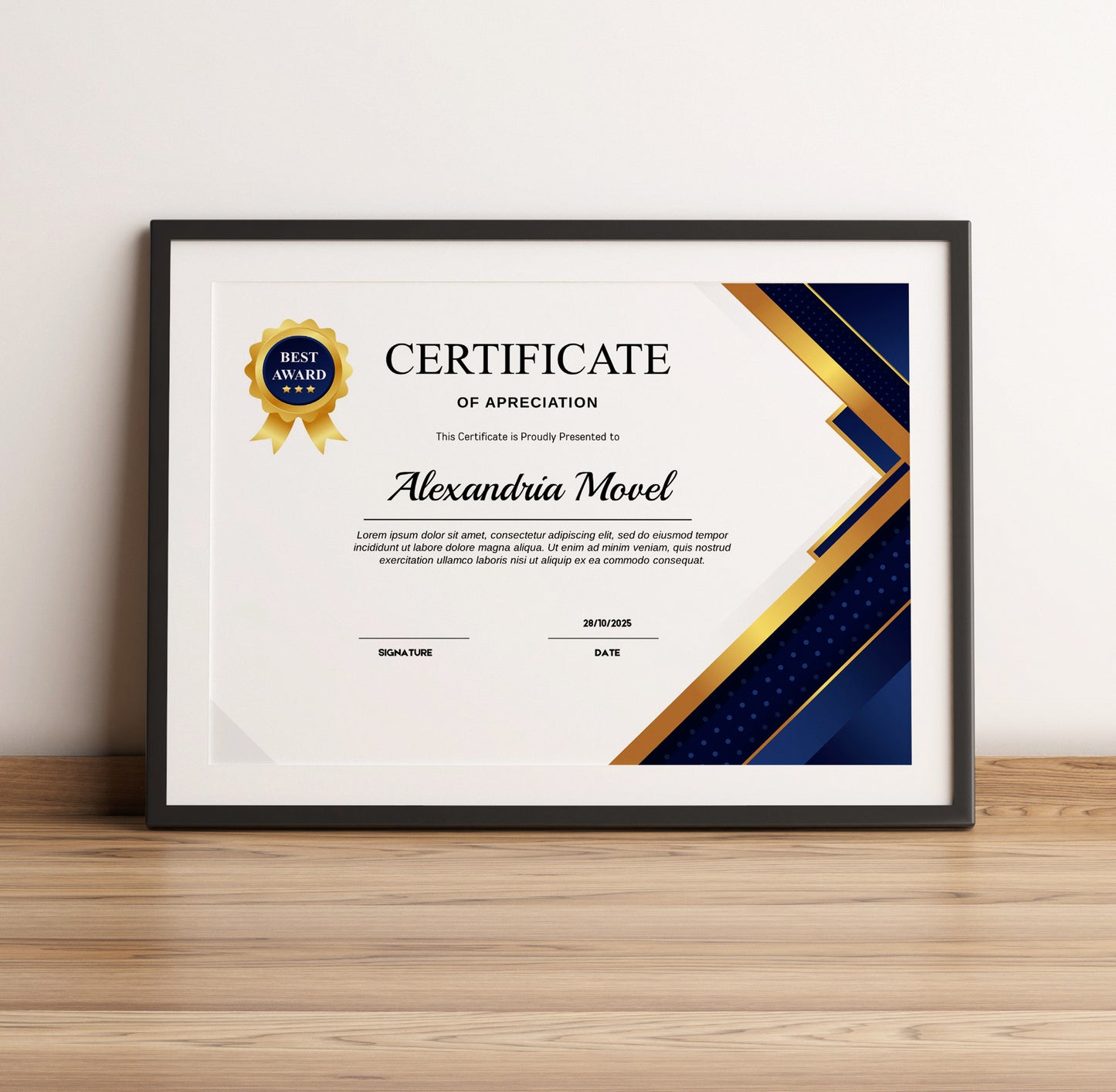 Luxury Blue and Gold Certificate Template - Editable Modern Canva Design for Achievement, Award, Completion & Training