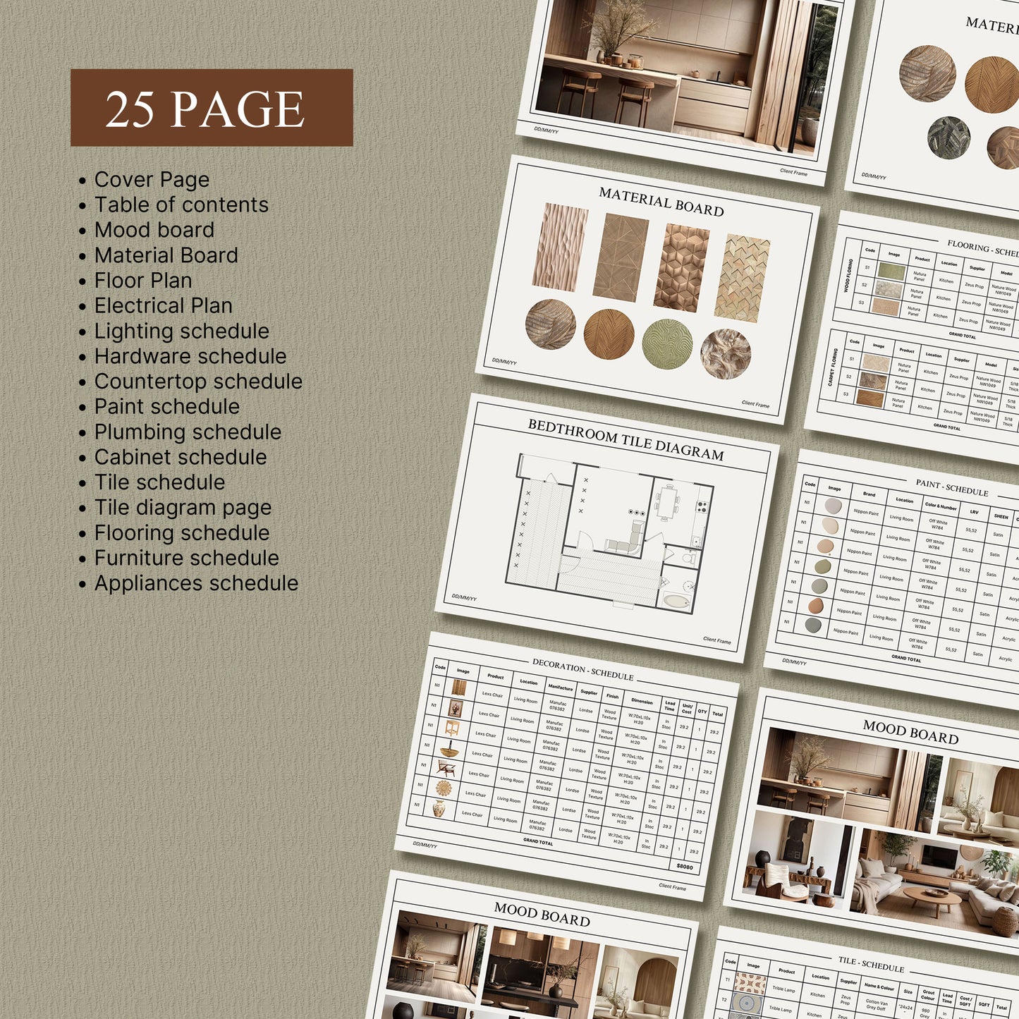 Clean Comprehensive Interior Design FF&E Schedule Template - Furniture, Fixtures, Finishes & Mood Board for Design Projects