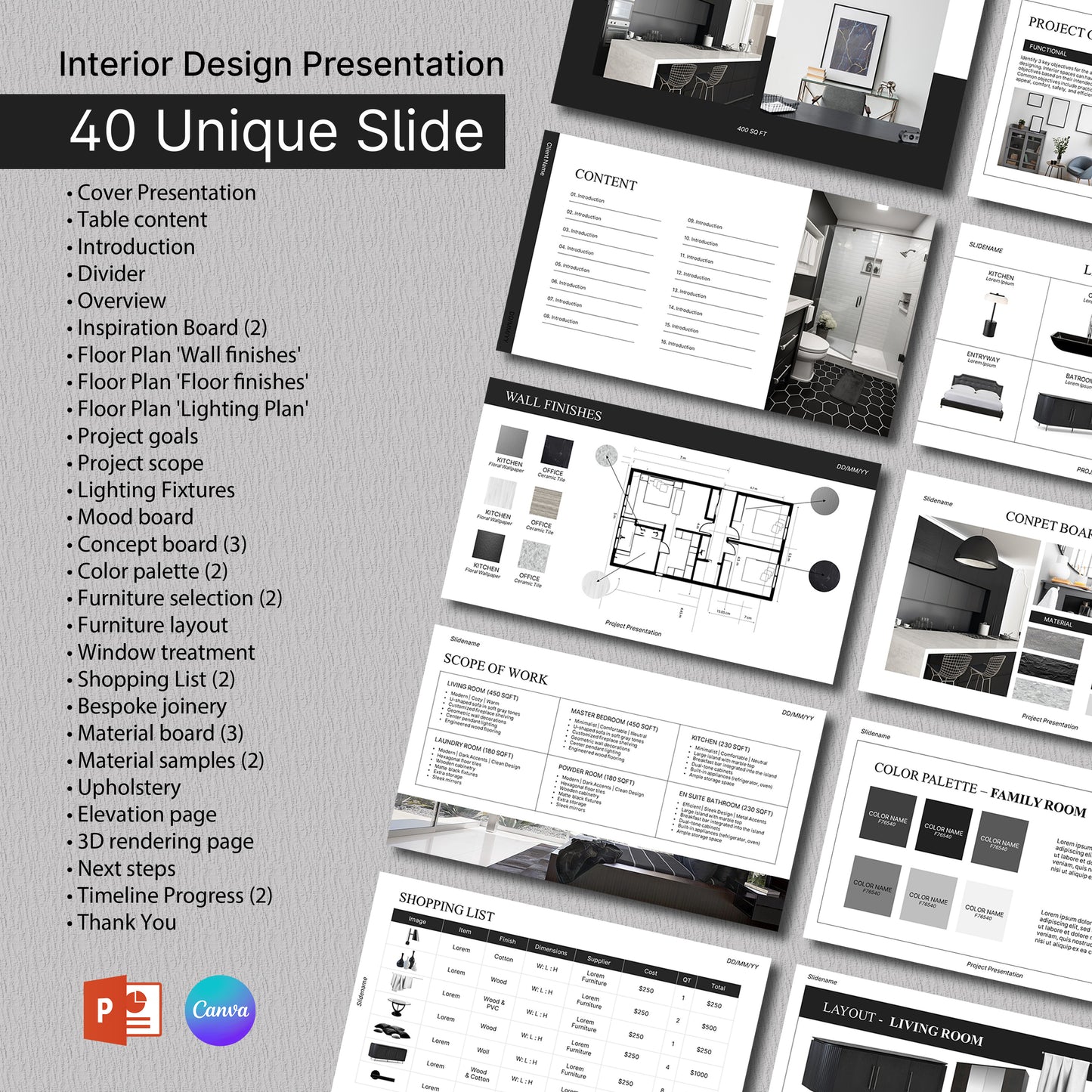 Bundle Clean Interior Design Presentation Template – Includes Project Proposal, FF&E Schedule, Editable in PowerPoint & Canva