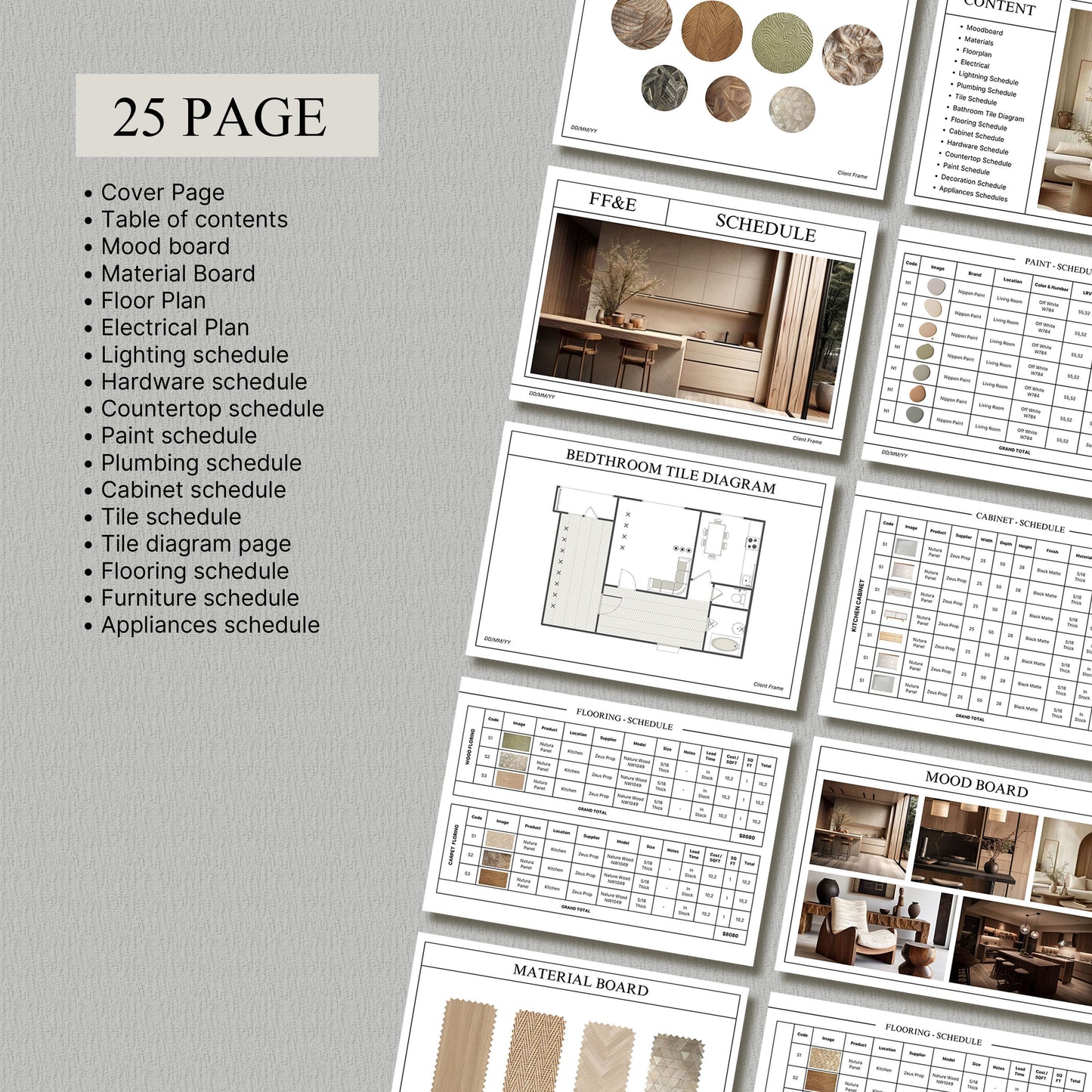 FF&E Schedule Project Template – Comprehensive Interior Design Planner for Furniture, Fixtures, and Finishes with Mood Board