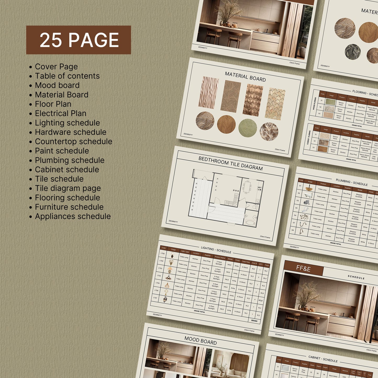 Comprehensive Interior Design FF&E Schedule Template - Furniture, Fixtures, Finishes & Mood Board for Design Projects