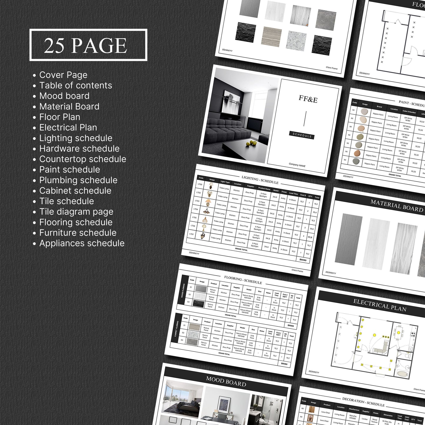 FF&E Schedule Template – Furniture, Fixtures, and Finishes Planner with Mood Board for Interior Design Projects