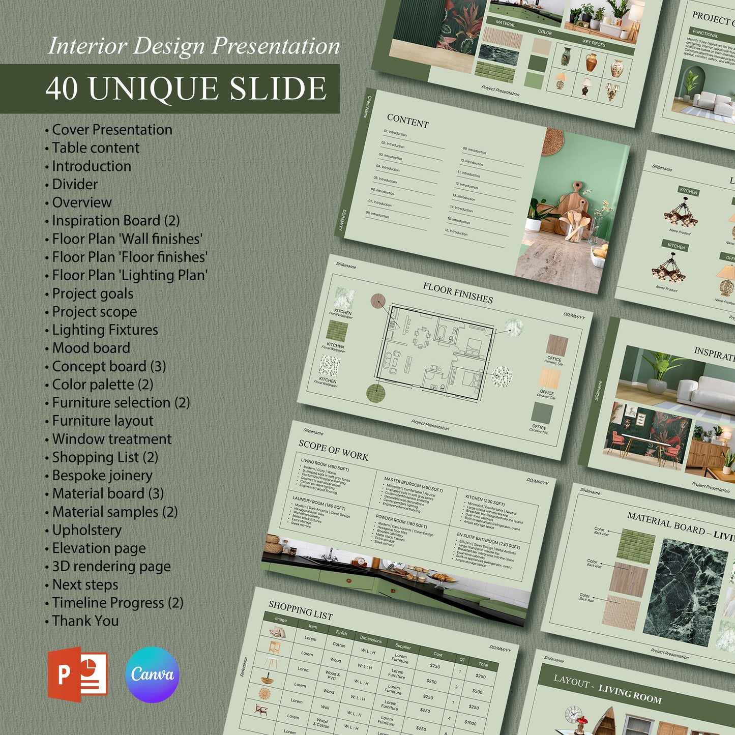 Bundle Sage Interior Design Presentation Template – Includes Project Proposal, FF&E Schedule, Editable in PowerPoint & Canva