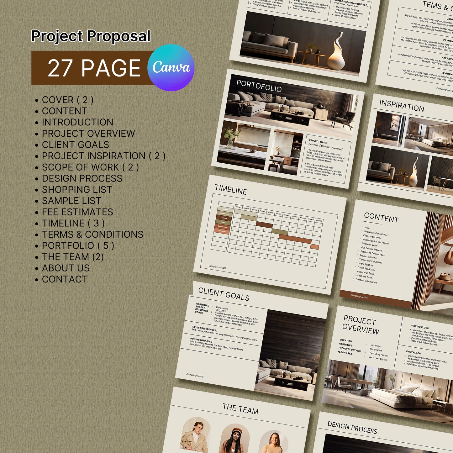 Bundle Interior Design Presentation Template – Includes Project Proposal, FF&E Schedule, Editable in PowerPoint & Canva