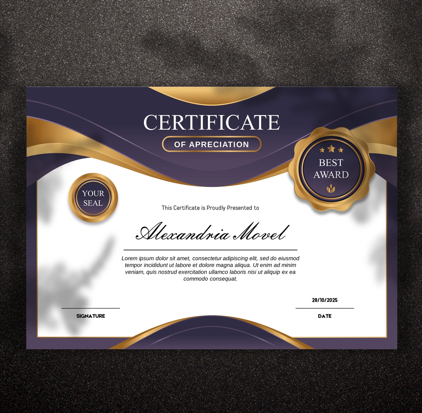 Luxury Purple and Gold Certificate Template – Editable Modern Canva Design for Achievement, Award, Completion & Training