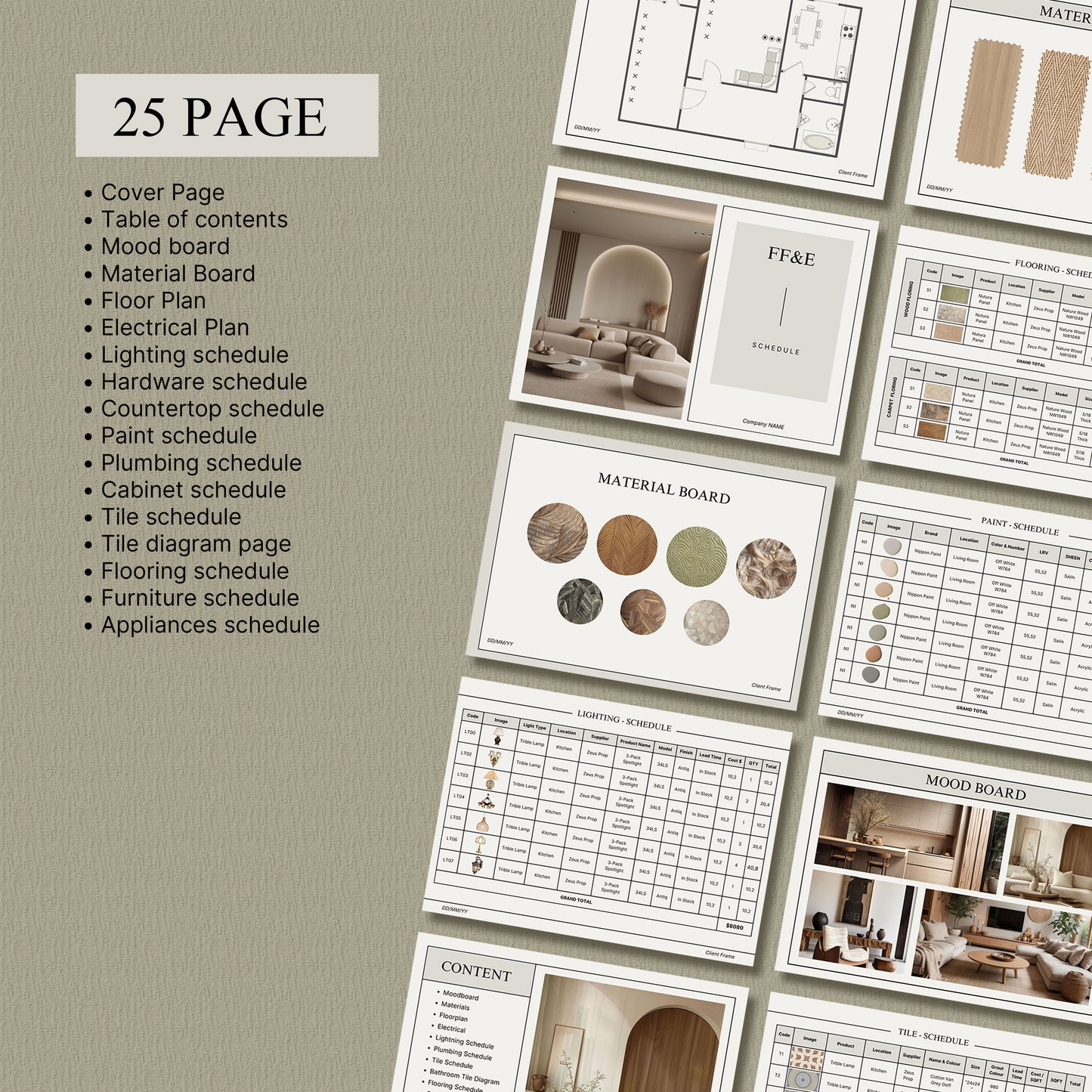 Minimal Interior Design FF&E Schedule Template – Comprehensive Furniture, Fixtures, and Finishes Planner with Mood Board